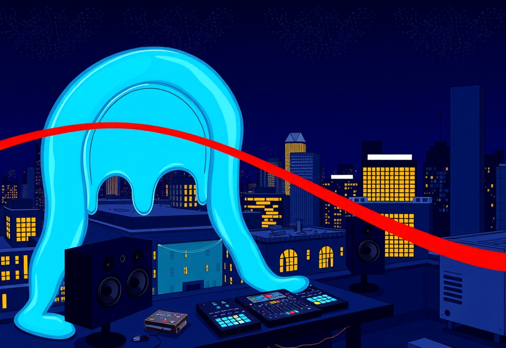 Illustrated nighttime skyline with cyan portal drips, speakers, and rooftop production gear