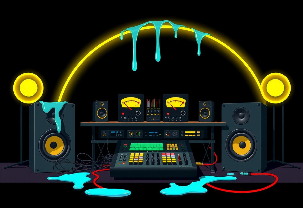 Illustrated signal altar with speakers, mixer, yellow meters, cyan drips, and red cable accents