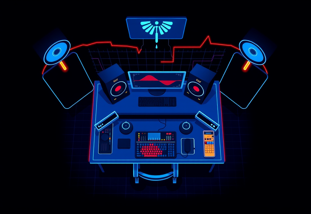 Illustrated top-down studio blueprint with monitors, desk layout, and neon signal paths